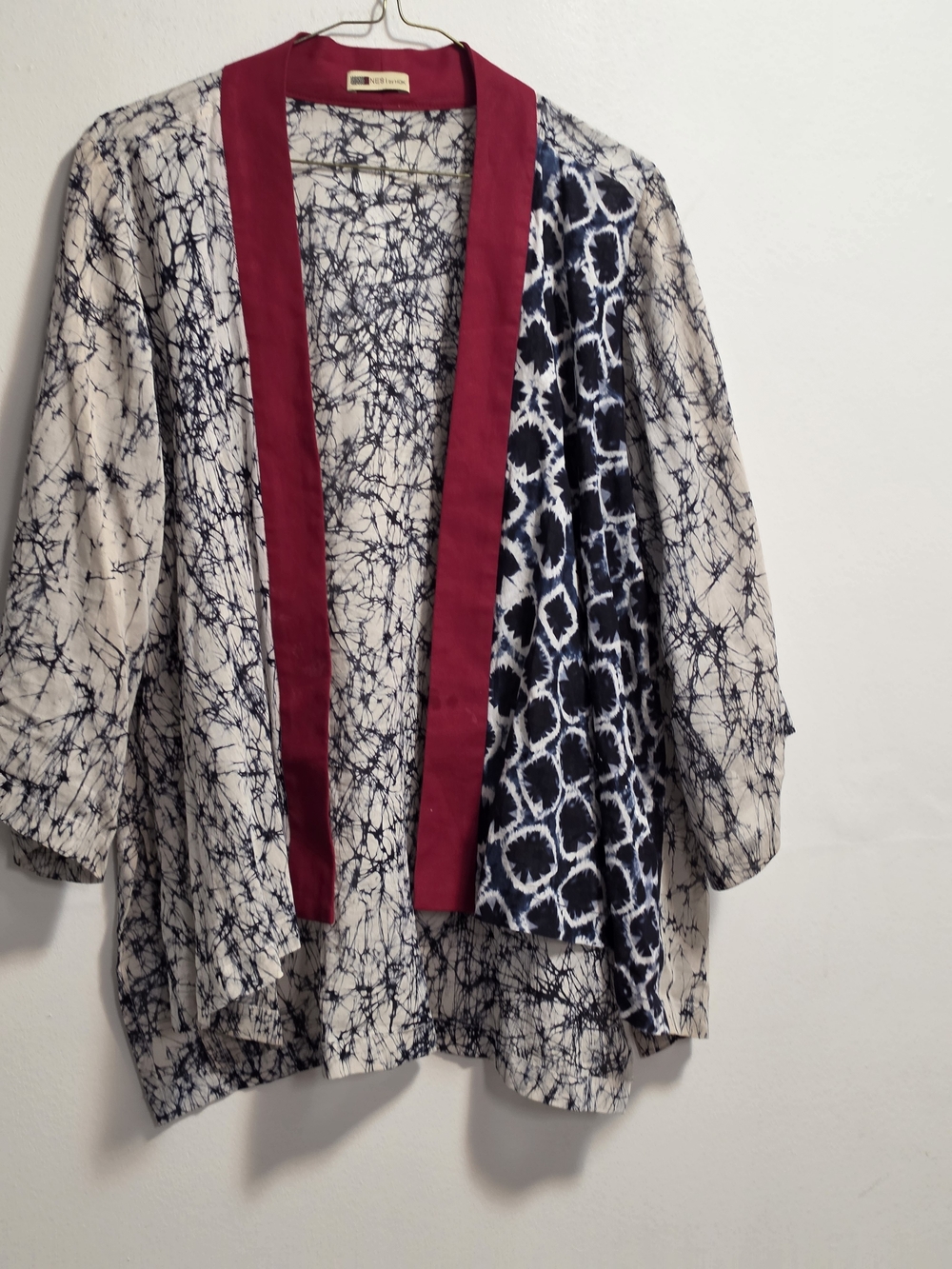 Open-Front Mixed-Print Kimono Tunic with Burgundy Trim